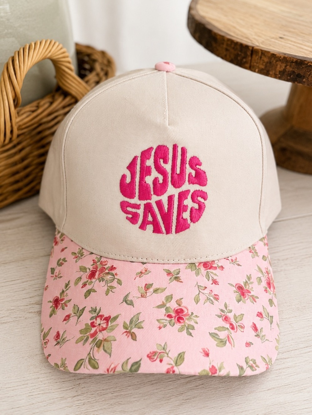 New Zenana Jesus Saves Hat Cream & Pink Floral "Jesus Saves" Baseball Cap